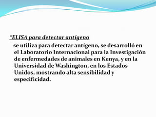 *ELISA para detectar antígeno
se utiliza para detectar antígeno, se desarrolló en
el Laboratorio Internacional para la Investigación
de enfermedades de animales en Kenya, y en la
Universidad de Washington, en los Estados
Unidos, mostrando alta sensibilidad y
especificidad.
 