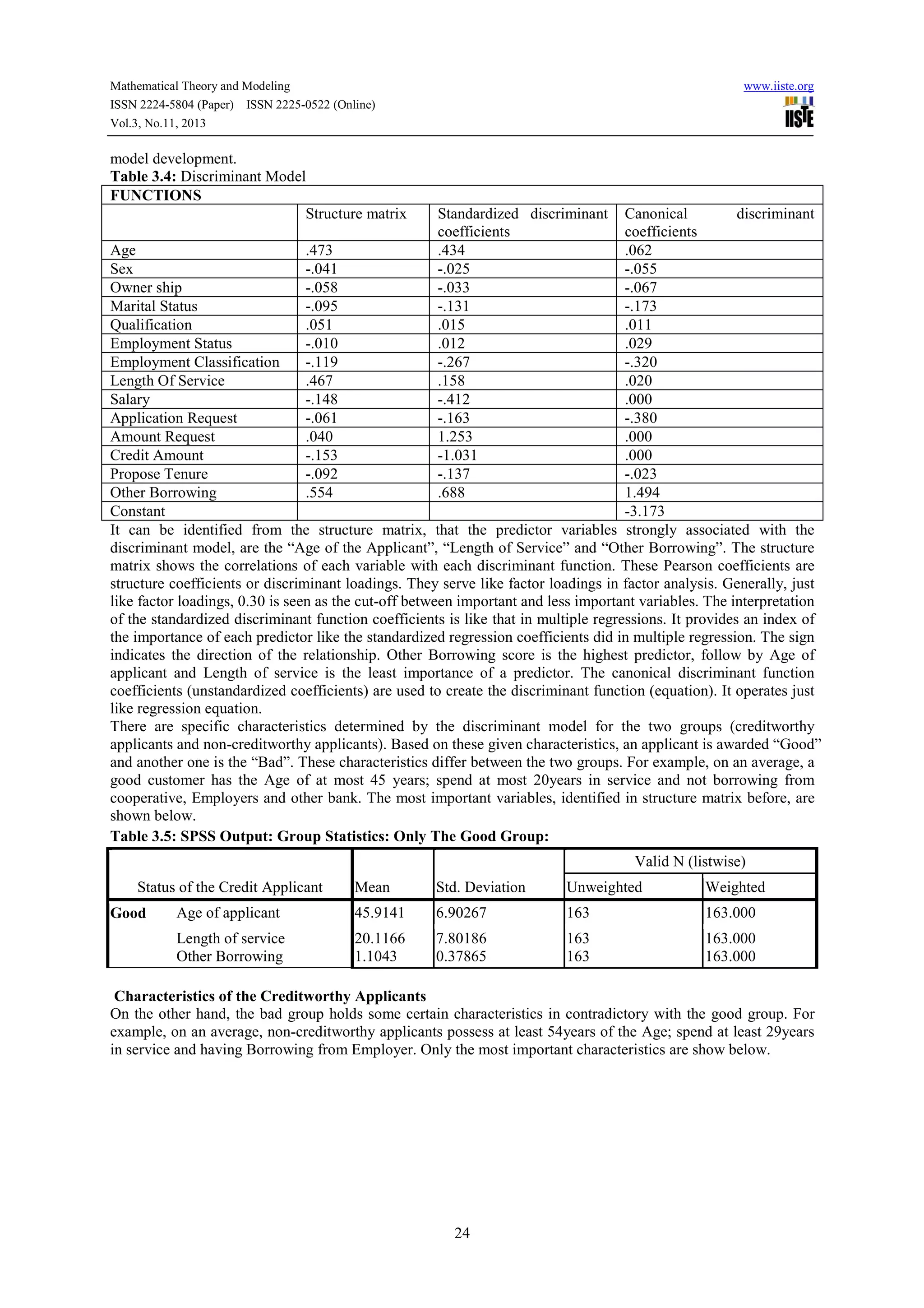 Mathematical Theory and Modeling
ISSN 2224-5804 (Paper) ISSN 2225-0522 (Online)
Vol.3, No.11, 2013

model development.
Table 3.4: Discriminant Model
FUNCTIONS
Structure matrix

www.iiste.org

Standardized discriminant
coefficients
.434
-.025
-.033
-.131
.015
.012
-.267
.158
-.412
-.163
1.253
-1.031
-.137
.688

Canonical
discriminant
coefficients
Age
.473
.062
Sex
-.041
-.055
Owner ship
-.058
-.067
Marital Status
-.095
-.173
Qualification
.051
.011
Employment Status
-.010
.029
Employment Classification
-.119
-.320
Length Of Service
.467
.020
Salary
-.148
.000
Application Request
-.061
-.380
Amount Request
.040
.000
Credit Amount
-.153
.000
Propose Tenure
-.092
-.023
Other Borrowing
.554
1.494
Constant
-3.173
It can be identified from the structure matrix, that the predictor variables strongly associated with the
discriminant model, are the “Age of the Applicant”, “Length of Service” and “Other Borrowing”. The structure
matrix shows the correlations of each variable with each discriminant function. These Pearson coefficients are
structure coefficients or discriminant loadings. They serve like factor loadings in factor analysis. Generally, just
like factor loadings, 0.30 is seen as the cut-off between important and less important variables. The interpretation
of the standardized discriminant function coefficients is like that in multiple regressions. It provides an index of
the importance of each predictor like the standardized regression coefficients did in multiple regression. The sign
indicates the direction of the relationship. Other Borrowing score is the highest predictor, follow by Age of
applicant and Length of service is the least importance of a predictor. The canonical discriminant function
coefficients (unstandardized coefficients) are used to create the discriminant function (equation). It operates just
like regression equation.
There are specific characteristics determined by the discriminant model for the two groups (creditworthy
applicants and non-creditworthy applicants). Based on these given characteristics, an applicant is awarded “Good”
and another one is the “Bad”. These characteristics differ between the two groups. For example, on an average, a
good customer has the Age of at most 45 years; spend at most 20years in service and not borrowing from
cooperative, Employers and other bank. The most important variables, identified in structure matrix before, are
shown below.
Table 3.5: SPSS Output: Group Statistics: Only The Good Group:
Valid N (listwise)
Status of the Credit Applicant

Std. Deviation

Unweighted

Weighted

Age of applicant

45.9141

6.90267

163

163.000

Length of service
Other Borrowing

Good

Mean
20.1166
1.1043

7.80186
0.37865

163
163

163.000
163.000

Characteristics of the Creditworthy Applicants
On the other hand, the bad group holds some certain characteristics in contradictory with the good group. For
example, on an average, non-creditworthy applicants possess at least 54years of the Age; spend at least 29years
in service and having Borrowing from Employer. Only the most important characteristics are show below.

24

 