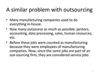 6
A similar problem with outsourcing
• Many manufacturing companies used to do
everything in-house.
• Now many outsource a...