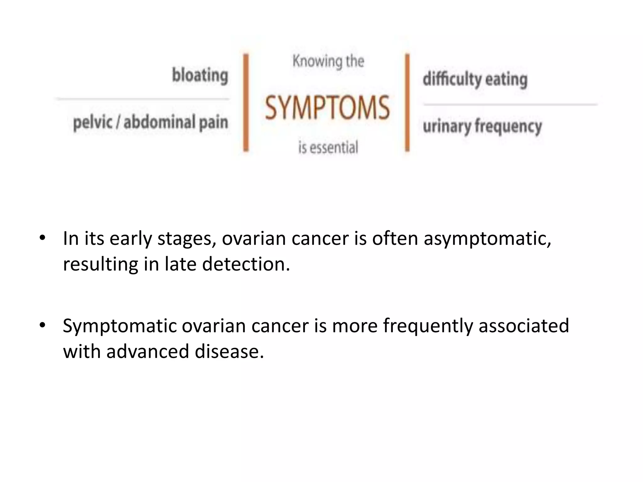 • In its early stages, ovarian cancer is often asymptomatic,
resulting in late detection.
• Symptomatic ovarian cancer is more frequently associated
with advanced disease.
 