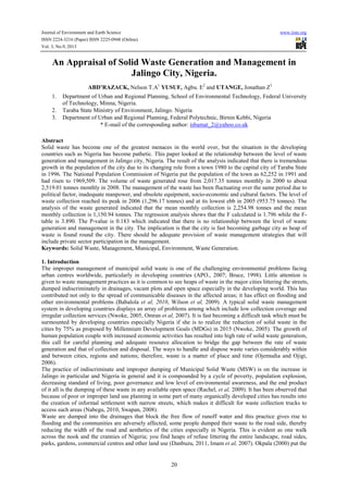 An appraisal of solid waste generation and management in jalingo city ...