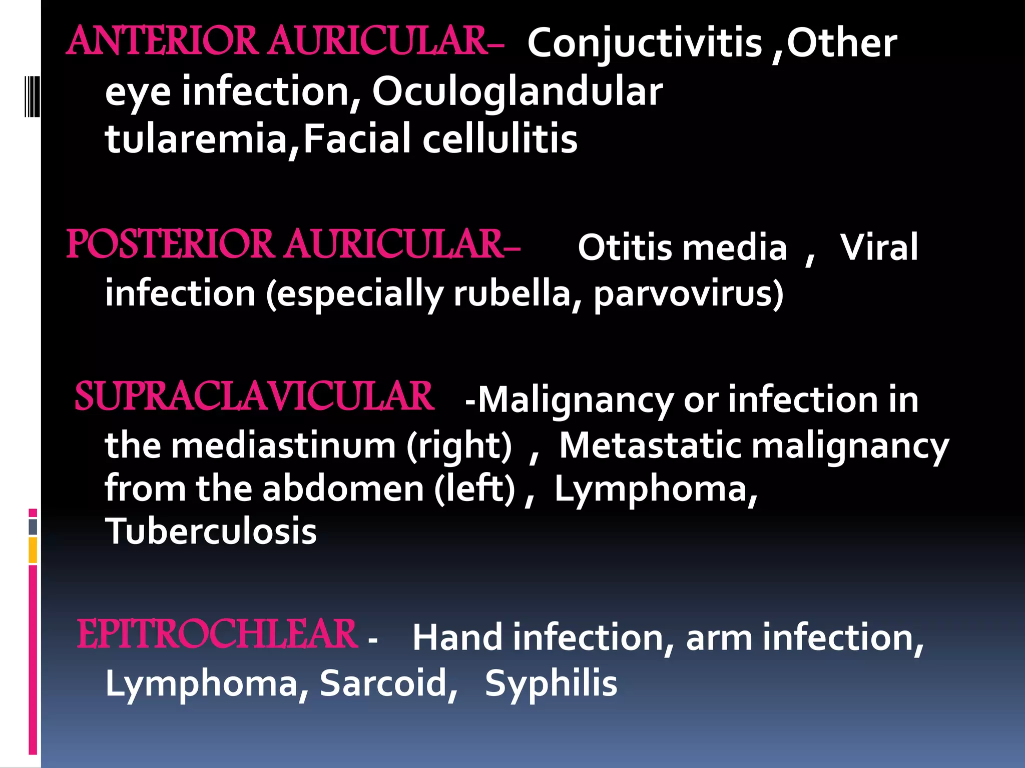 ANTERIOR AURICULAR- Conjuctivitis ,Other
eye infection, Oculoglandular
tularemia,Facial cellulitis
POSTERIOR AURICULAR- Otitis media , Viral
infection (especially rubella, parvovirus)
SUPRACLAVICULAR -Malignancy or infection in
the mediastinum (right) , Metastatic malignancy
from the abdomen (left) , Lymphoma,
Tuberculosis
EPITROCHLEAR - Hand infection, arm infection,
Lymphoma, Sarcoid, Syphilis
 