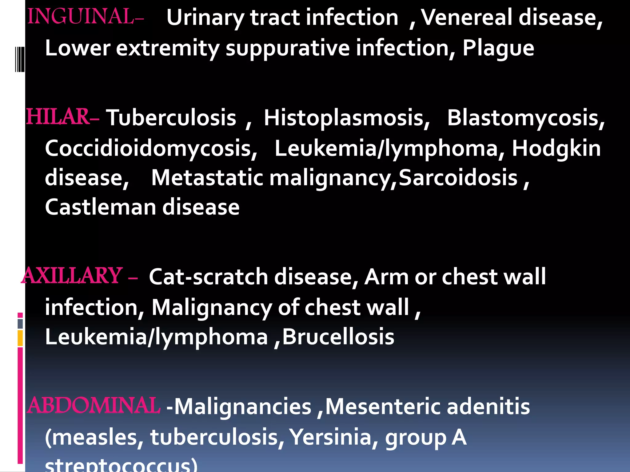 INGUINAL- Urinary tract infection ,Venereal disease,
Lower extremity suppurative infection, Plague
HILAR- Tuberculosis , Histoplasmosis, Blastomycosis,
Coccidioidomycosis, Leukemia/lymphoma, Hodgkin
disease, Metastatic malignancy,Sarcoidosis ,
Castleman disease
AXILLARY - Cat-scratch disease, Arm or chest wall
infection, Malignancy of chest wall ,
Leukemia/lymphoma ,Brucellosis
ABDOMINAL -Malignancies ,Mesenteric adenitis
(measles, tuberculosis,Yersinia, group A
 