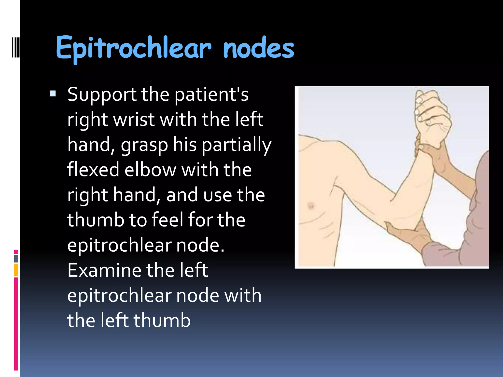 Epitrochlear nodes
 Support the patient's
right wrist with the left
hand, grasp his partially
flexed elbow with the
right hand, and use the
thumb to feel for the
epitrochlear node.
Examine the left
epitrochlear node with
the left thumb
 
