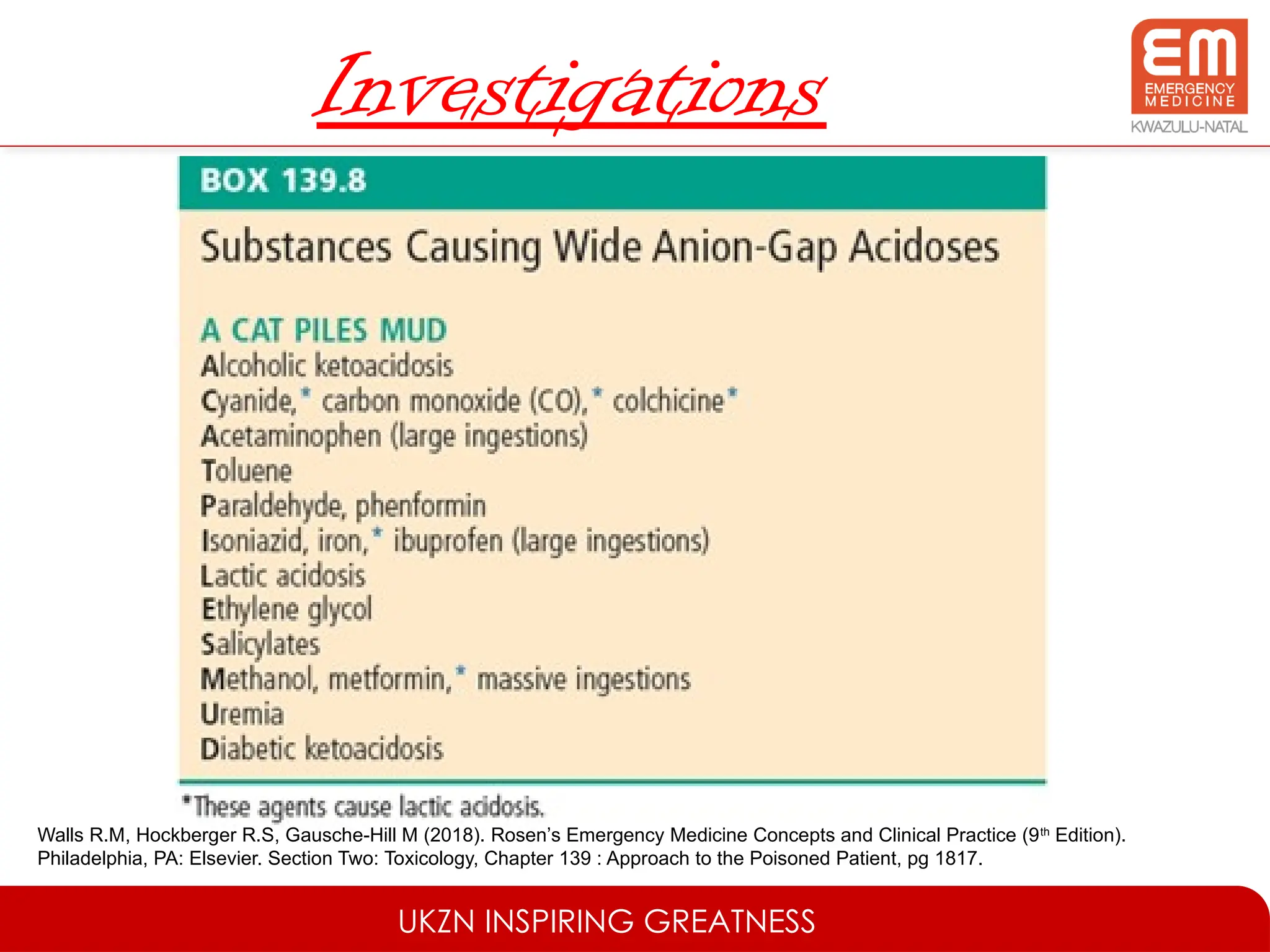 UKZN INSPIRING GREATNESS
Investigations
Walls R.M, Hockberger R.S, Gausche-Hill M (2018). Rosen’s Emergency Medicine Concepts and Clinical Practice (9th
Edition).
Philadelphia, PA: Elsevier. Section Two: Toxicology, Chapter 139 : Approach to the Poisoned Patient, pg 1817.
 