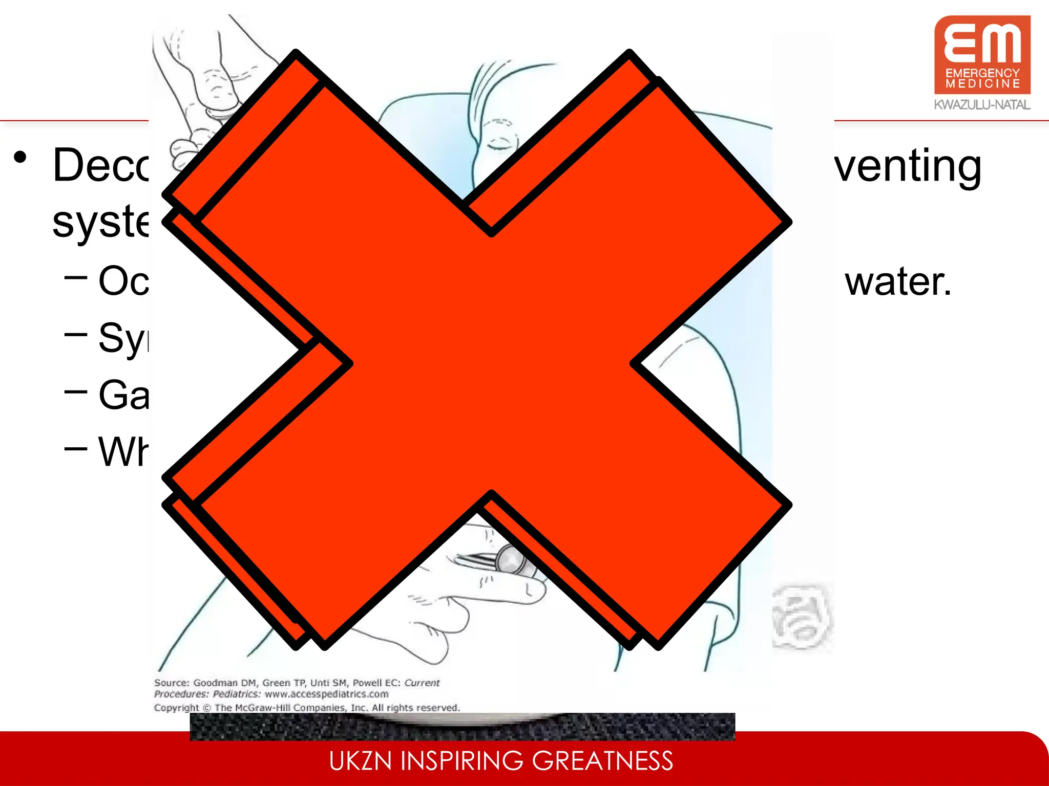 UKZN INSPIRING GREATNESS
Decontamination
• Decontamination is the process of preventing
systemic absorption into the body.
– Ocular & Dermal exposure = irrigate with water.
– Syrup of Ipecac – inducing emesis
– Gastric Lavage
– Whole Bowel Irrigation
http://bryanking.net/syrup-of-ipecac/
 