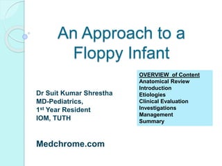 An Approach to a
Floppy Infant
Dr Suit Kumar Shrestha
MD-Pediatrics,
1st Year Resident
IOM, TUTH
Medchrome.com
OVERVIEW of Content
Anatomical Review
Introduction
Etiologies
Clinical Evaluation
Investigations
Management
Summary
 