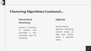 6
Hierarchical
Clustering
Creates a hierarchy
of clusters that
resembles a tree,
commonly used for
clustering.
DBSCAN
Density-based
algorithm identifying
clusters based on
data point density
within a specified
radius.
 