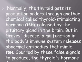  Normally, the thyroid gets its
production orders through another
chemical called thyroid-stimulating
hormone (TSH), released by the
pituitary gland in the brain. But in
Graves' disease, a malfunction in
the body's immune system releases
abnormal antibodies that mimic
TSH. Spurred by these false signals
to produce, the thyroid's hormone
 