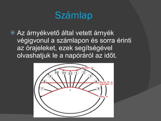 Számlap Az árnyékvető által vetett árnyék végigvonul a számlapon és sorra érinti az órajeleket, ezek segítségével olvashatjuk le a napóráról az időt. 