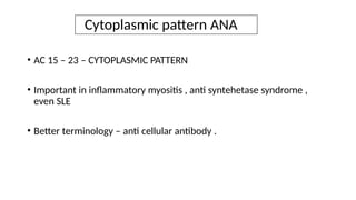 Cytoplasmic pattern ANA
• AC 15 – 23 – CYTOPLASMIC PATTERN
• Important in inflammatory myositis , anti syntehetase syndrome ,
even SLE
• Better terminology – anti cellular antibody .
 