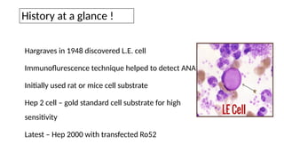 History at a glance !
Hargraves in 1948 discovered L.E. cell
Immunoflurescence technique helped to detect ANA
Initially used rat or mice cell substrate
Hep 2 cell – gold standard cell substrate for high
sensitivity
Latest – Hep 2000 with transfected Ro52
 