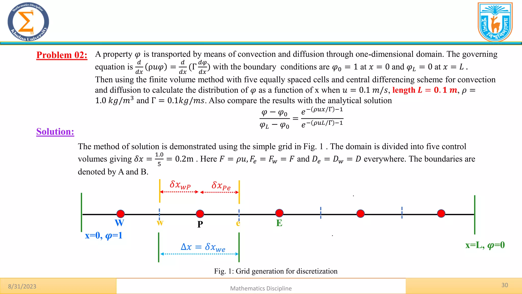 30
.
Problem 02:
8/31/2023 Mathematics Discipline
Solution:
Fig. 1: Grid generation for discretization
A property 𝜑 is transported by means of convection and diffusion through one-dimensional domain. The governing
equation is
𝑑
𝑑𝑥
ρ𝑢𝜑 =
𝑑
𝑑𝑥
(Γ
𝑑𝜑
𝑑𝑥
) with the boundary conditions are 𝜑0 = 1 at 𝑥 = 0 and 𝜑𝐿 = 0 at 𝑥 = 𝐿 .
Then using the finite volume method with five equally spaced cells and central differencing scheme for convection
and diffusion to calculate the distribution of 𝜑 as a function of x when 𝑢 = 0.1 𝑚/𝑠, length 𝑳 = 𝟎. 𝟏 𝒎, 𝜌 =
1.0 𝑘𝑔/𝑚3
and Γ = 0.1𝑘𝑔/𝑚𝑠. Also compare the results with the analytical solution
𝜑 − 𝜑0
𝜑𝐿 − 𝜑0
=
𝑒− 𝜌𝑢𝑥/Γ −1
𝑒− 𝜌𝑢𝐿/Γ −1
The method of solution is demonstrated using the simple grid in Fig. 1 . The domain is divided into five control
volumes giving 𝛿𝑥 =
1.0
5
= 0.2m . Here 𝐹 = 𝜌𝑢, 𝐹𝑒 = 𝐹𝑤 = 𝐹 and 𝐷𝑒 = 𝐷𝑤 = 𝐷 everywhere. The boundaries are
denoted by A and B.
.
.
x=0, 𝝋=1
P E
W
Δ𝑥 = 𝛿𝑥𝑤𝑒
𝛿𝑥𝑃𝑒
𝛿𝑥𝑤𝑃
w e
x=L, 𝝋=0
 