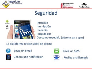 Seguridad
La plataforma recibe señal de alarma
Intrusión
Inundación
Incendio
Fuga de gas
Consumo excedido (eléctrico, gas ó agua)
Envía un email
Genera una notificación
Envía un SMS
Realiza una llamada
 
