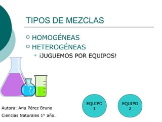 TIPOS DE MEZCLAS
 HOMOGÉNEAS
 HETEROGÉNEAS
 ¡JUGUEMOS POR EQUIPOS!
EQUIPO
1
EQUIPO
2Autora: Ana Pérez Bruno
Ciencias Naturales 1° año.
 