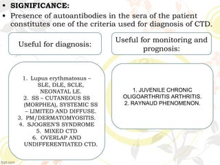 • SIGNIFICANCE:
• Presence of autoantibodies in the sera of the patient
constitutes one of the criteria used for diagnosis of CTD.
Useful for diagnosis:
Useful for monitoring and
prognosis:
1. Lupus erythmatosus –
SLE, DLE, SCLE,
NEONATAL LE.
2. SS – CUTANEOUS SS
(MORPHEA), SYSTEMIC SS
– LIMITED AND DIFFUSE.
3. PM/DERMATOMYOSITIS.
4. SJOGREN’S SYNDROME
5. MIXED CTD
6. OVERLAP AND
UNDIFFERENTIATED CTD.
1. JUVENILE CHRONIC
OLIGOARTHRITIS ARTHRITIS.
2. RAYNAUD PHENOMENON.
 