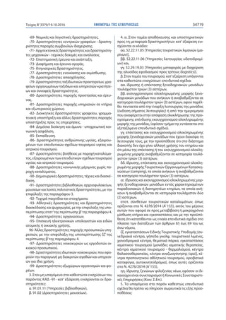 ΕΦΗΜΕΡΙ∆Α TΗΣ ΚΥΒΕΡΝΗΣΕΩΣ 34719Τεύχος Β’3379/19.10.2016
-69- Νομικές και λογιστικές δραστηριότητες.
-70- Δραστηριότητες κεντρικών γραφείων - δραστη-
ριότητες παροχής συμβουλών διαχείρισης.
-71- Αρχιτεκτονικές δραστηριότητες και δραστηριότη-
τες μηχανικών - τεχνικές δοκιμές και αναλύσεις.
-72- Επιστημονική έρευνα και ανάπτυξη.
-73- Διαφήμιση και έρευνα αγοράς.
-75- Κτηνιατρικές δραστηριότητες.
-77- Δραστηριότητες ενοικίασης και εκμίσθωσης.
-78- Δραστηριότητες απασχόλησης.
-79- Δραστηριότητες ταξιδιωτικών πρακτορείων, γρα-
φείων οργανωμένων ταξιδίων και υπηρεσιών κρατήσε-
ων και συναφείς δραστηριότητες.
-80- Δραστηριότητες παροχής προστασίας και έρευ-
νας.
-81- Δραστηριότητες παροχής υπηρεσιών σε κτήρια
και εξωτερικούς χώρους.
-82- Διοικητικές δραστηριότητες γραφείου, γραμμα-
τειακή υποστήριξη και άλλες δραστηριότητες παροχής
υποστήριξης προς τις επιχειρήσεις.
-84- Δημόσια διοίκηση και άμυνα - υποχρεωτική κοι-
νωνική ασφάλιση.
-85- Εκπαίδευση.
-86- Δραστηριότητες ανθρώπινης υγείας, εξαιρου-
μένων των επενδυτικών σχεδίων τουρισμού υγείας και
ιατρικού τουρισμού.
-87- Δραστηριότητες βοήθειας με παροχή καταλύμα-
τος, εξαιρουμένων των επενδυτικών σχεδίων τουρισμού
υγείας και ιατρικού τουρισμού.
-88- Δραστηριότητες κοινωνικής μέριμνας χωρίς πα-
ροχή καταλύματος.
-90- Δημιουργικές δραστηριότητες, τέχνες και διασκέ-
δαση.
-91- Δραστηριότητες βιβλιοθηκών, αρχειοφυλακείων,
μουσείων και λοιπές πολιτιστικές δραστηριότητες, με την
επιφύλαξη της παραγράφου 3.
-92- Τυχερά παιχνίδια και στοιχήματα.
-93- Αθλητικές δραστηριότητες και δραστηριότητες
διασκέδασης και ψυχαγωγίας, με την επιφύλαξη της υπο-
περίπτωσης στστ’της περίπτωσης β’της παραγράφου 4.
-94- Δραστηριότητες οργανώσεων.
-95- Επισκευή ηλεκτρονικών υπολογιστών και ειδών
ατομικής ή οικιακής χρήσης.
96-Άλλες δραστηριότητες παροχής προσωπικών υπη-
ρεσιών, με την επιφύλαξη της υποπερίπτωσης ζζ’ της
περίπτωσης β’της παραγράφου 4.
-97- Δραστηριότητες νοικοκυριών ως εργοδοτών οι-
κιακού προσωπικού.
-98- Δραστηριότητες ιδιωτικών νοικοκυριών, που αφο-
ρούν την παραγωγή μη διακριτών αγαθών και υπηρεσι-
ών για ίδια χρήση.
-99- Δραστηριότητες εξωχώριων οργανισμών και φο-
ρέων.
3. Στον μη υπαγόμενο στα καθεστώτα ενισχύσεων του
παρόντος ΚΑΔ -91- κατ’ εξαίρεση ενισχύονται οι δρα-
στηριότητες:
α. 91.01.11 (Υπηρεσίες βιβλιοθηκών),
β. 91.02 (Δραστηριότητες μουσείων).
4. α. Στον τομέα αποθήκευσης και υποστηρικτικών
προς τη μεταφορά δραστηριοτήτων κατ’ εξαίρεση ενι-
σχύονται οι κλάδοι:
αα. 52.22.11.05 [Υπηρεσίες τουριστικών λιμανιών (μα-
ρίνων)],
ββ. 52.22.11.06 (Υπηρεσίες λειτουργίας υδατοδρομί-
ων) και,
γγ. 52.29.19.03 [Υπηρεσίες μεταφοράς με διαχείριση
της αλυσίδας εφοδιασμού προς τρίτους (logistics)].
β. Στον τομέα του τουρισμού, κατ’εξαίρεση υπάγονται
στα καθεστώτα ενισχύσεων επενδυτικά σχέδια:
αα. ίδρυσης ή επέκτασης ξενοδοχειακών μονάδων
τουλάχιστον τριών (3) αστέρων,
ββ. εκσυγχρονισμού ολοκληρωμένης μορφής ξενο-
δοχειακών μονάδων που ανήκουν ή αναβαθμίζονται σε
κατηγορία τουλάχιστον τριών (3) αστέρων, αφού παρέλ-
θει πενταετία από την έναρξη λειτουργίας της μονάδας
(έκδοση σήματος λειτουργίας) ή από την ημερομηνία
που αναφέρεται στην απόφαση ολοκλήρωσης της προ-
ηγούμενης επένδυσης εκσυγχρονισμού ολοκληρωμένης
μορφής της μονάδας, (εφόσον τμήμα της εντάσσεται στο
εξεταζόμενο επενδυτικό σχέδιο).
γγ. επέκτασης και εκσυγχρονισμού ολοκληρωμένης
μορφής ξενοδοχειακών μονάδων που έχουν διακόψει τη
λειτουργία τους, με την προϋπόθεση ότι στο διάστημα
διακοπής δεν έχει γίνει αλλαγή χρήσης του κτηρίου και
ότι μέσω της επέκτασης ή του εκσυγχρονισμού ολοκλη-
ρωμένης μορφής αναβαθμίζονται σε κατηγορία τουλά-
χιστον τριών (3) αστέρων,
δδ. ίδρυσης, επέκτασης και εκσυγχρονισμού ολοκλη-
ρωμένης μορφήςΤουριστικών Οργανωμένων Κατασκη-
νώσεων (camping), τα οποία ανήκουν ή αναβαθμίζονται
σε κατηγορία τουλάχιστον τριών (3) αστέρων,
εε. ίδρυσης και εκσυγχρονισμού ολοκληρωμένης μορ-
φής ξενοδοχειακών μονάδων εντός χαρακτηρισμένων
παραδοσιακών ή διατηρητέων κτηρίων, τα οποία ανή-
κουν ή αναβαθμίζονται σε κατηγορία τουλάχιστον δύο
(2) αστέρων,
στστ. σύνθετων τουριστικών καταλυμάτων, όπως
ορίζονται στο N. 4276/2014 (Α’ 155), εκτός του μέρους
αυτών που αφορά σε προς μεταβίβαση ή μακροχρόνια
μίσθωση κτήρια και εγκαταστάσεις και με την προϋπό-
θεση ότι κατατίθενται ως ενιαία επενδυτικά σχέδια στο
πλαίσιο των διατάξεων των άρθρων 65 έως 69 του ως
άνω νόμου,
ζζ. εγκαταστάσεων ΕιδικήςΤουριστικής Υποδομής {συ-
νεδριακά κέντρα, γήπεδα γκολφ, τουριστικοί λιμένες,
χιονοδρομικά κέντρα, θεματικά πάρκα, εγκαταστάσεις
ιαματικού τουρισμού [μονάδες ιαματικής θεραπείας,
κέντρα ιαματικού τουρισμού - θερμαλισμού, κέντρα
θαλασσοθεραπείας, κέντρα αναζωογόνησης (spa)], κέ-
ντρα προπονητικού αθλητικού τουρισμού, ορειβατικά
καταφύγια, αυτοκινητοδρόμια}, όπως αυτές ορίζονται
στο N. 4276/2014 (Α’155),
ηη. ίδρυσης ξενώνων φιλοξενίας νέων, εφόσον οι δι-
καιούχοι είναι συνεταιρισμοί ή Κοινωνικές Συνεταιριστι-
κές Επιχειρήσεις (Κοιν. Σ.Επ.).
5. Τα υπαγόμενα στο παρόν καθεστώς επενδυτικά
σχέδια θα πρέπει να πληρούν σωρευτικά τις εξής προϋ-
ποθέσεις:
 