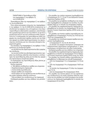 ΕΦΗΜΕΡΙ∆Α TΗΣ ΚΥΒΕΡΝΗΣΕΩΣ34708 Τεύχος Β’3378/19.10.2016
ΠΑΡΑΡΤΗΜΑ 4: Προστιθέμενη Αξία
της παραγράφου ζ, του άρθρου 12,
του Ν 4399/2016
Προστιθέμενη Αξία της παραγράφου ζ, του άρθρου
12, του Ν 4399/2016
Στην ειδική κατηγορία ενίσχυσης της παραγράφου
ζ, του άρθρου 12, του Ν 4399/2016 εντάσσονται τα
επενδυτικά των φορέων που επιτυγχάνουν στον λόγο
«προστιθέμενη αξία/κύκλος εργασιών» αποτέλεσμα
ίσο ή μεγαλύτερο από 0,5 για τους ΚΑΔ 01-32 και ίσο ή
μεγαλύτερο από 0,7 για τους υπόλοιπους ΚΑΔ. Σημειώ-
νεται ότι, ο υπολογισμός της προστιθέμενης αξίας του
φορέα του επενδυτικού σχεδίου γίνεται για τον ΚΑΔ
που αφορά τον κλάδο δραστηριοποίησης της προτει-
νόμενης επένδυσης για την τελευταία κλεισμένη δια-
χειριστική χρήση.
Στις διατάξεις της παραγράφου ζ, του άρθρου 12 δεν
εμπίπτουν τα επενδυτικά σχέδια:
- σε νέα ΚΑΔ που δεν δραστηριοποιείται ήδη ο φορέας
της επένδυσης,
- σε ένα από τα ΚΑΔ που ήδη δραστηριοποιείται ο φο-
ρέας της επένδυσης αλλά δεν είναι δυνατός ο υπολογι-
σμός της προστιθέμενης αξίας για τον ΚΑΔ που αφορά
στο προτεινόμενο επενδυτικό σχέδιο.
Ο υπολογισμός της Προστιθέμενης Αξίας γίνεται με
τον ακόλουθο τύπο:
Κύκλος εργασιών
+/- Μεταβολές αποθεμάτων αγαθών και υπηρεσιών
+ Κεφαλαιοποιημένη παραγωγή
+ Λοιπά έσοδα εκμετάλλευσης
- Αγορές αγαθών και υπηρεσιών
- Λοιποί φόροι επί των προϊόντων που συνδέονται με
τον κύκλο εργασιών αλλά δεν εκπίπτουν
- Τέλη και φόροι που συνδέονται με την παραγωγή
Επεξήγηση μεγεθών για τους κλάδους της μεταποί-
ησης:
Στο μέγεθος του κύκλου εργασιών περιλαμβάνονται
οι λογαριασμοί 70, 71, 72 και 73 του Ελληνικού Γενικού
Λογιστικού Σχεδίου (ΕΓΛΣ).
Στο μέγεθος των μεταβολών αποθεμάτων και υπηρε-
σιών περιλαμβάνεται η διαφορά του συνόλου της απο-
γραφής λήξης με το σύνολο της απογραφής έναρξης.
Στο μέγεθος της κεφαλαιοποιημένης παραγωγής πε-
ριλαμβάνεται το σύνολο του λογαριασμού 78 του Ελ-
ληνικού Γενικού Λογιστικού Σχεδίου (ΕΓΛΣ) εκτός του
78.00.11.
Στο μέγεθος των λοιπών εσόδων εκμετάλλευσης πε-
ριλαμβάνεται ο λογαριασμός 74 εκτός του 74.03 και του
74.05 και ο λογαριασμός 75.
Στο μέγεθος των συνολικών αγορών αγαθών και υπη-
ρεσιών περιλαμβάνονται:
- οι λογαριασμοί 61, 62, 63, 64, 68, 69 και
- το σύνολο των αγορών εσωτερικού, εισαγωγών και
ενδοκοινοτικών αποκτήσεων εμπορευμάτων, α΄ υλών,
αναλώσιμων, ανταλλακτικών και ειδών συσκευασίας.
Επεξήγηση μεγεθών για τους κλάδους των υπηρεσιών:
Στο μέγεθος της κεφαλαιοποιημένης παραγωγής περι-
λαμβάνεται το σύνολο του λογαριασμού 78 του Ελληνι-
κού Γενικού Λογιστικού Σχεδίου (ΕΓΛΣ) εκτός του 78.05.
Στο μέγεθος των λοιπών εσόδων εκμετάλλευσης πε-
ριλαμβάνουν το άθροισμα των κάτωθι λογαριασμών:
- από τον λογαριασμό 72 οι λογαριασμοί 72.10 και
72.11,
- από τον λογαριασμό 74 οι λογαριασμοί 74.03 και
74.98,
- το σύνολο του λογαριασμού 75 πλην του λογαρια-
σμού 75.10,
- από τον λογαριασμό 78 ο λογαριασμός 78.05.
Στο μέγεθος των λοιπών φόρων επί των προϊόντων
που συνδέονται με τον κύκλο εργασιών αλλά δεν εκπί-
πτουν και στο μέγεθος των τελών και φόρων που συνδέ-
ονται με την παραγωγή περιλαμβάνεται το σύνολο του
λογαριασμού 63 του ΕΓΛΣ.
 