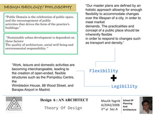 “Public Domain is the celebration of public space,
and the encouragement of public
activities that drives the form of the practice’s
buildings.”
“Sustainable urban development is dependent on
three factors:
The quality of architecture, social well-being and
environmental responsibility. “
Legibility
Flexibility
“Work, leisure and domestic activities are
becoming interchangeable, leading to
the creation of open-ended, flexible
structures such as the Pompidou Centre,
the
Wimbledon House, 88 Wood Street, and
Barajas Airport in Madrid.
“Our master plans are defined by an
holistic approach allowing for enough
flexibility to accommodate changes
over the lifespan of a city, in order to
meet market
demands. The practicalities and
concept of a public place should be
inherently flexible
in order to respond to changes such
as transport and density.“
Design 6 : AN ARCHITECT
Theory Of Design
Maulik Yagnik
A/2042/2008
3rd yr Sec-A
School Of
Planning
And
Architecture
DESIGN IDEOLOGY/ PHILOSOPHY
 