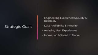 • Engineering Excellence: Security &
Reliability
• Data Availability & Integrity
• Amazing User Experiences
• Innovation & Speed to Market
Strategic Goals
 