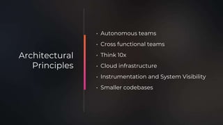 • Autonomous teams
• Cross functional teams
• Think 10x
• Cloud infrastructure
• Instrumentation and System Visibility
• Smaller codebases
Architectural
Principles
 