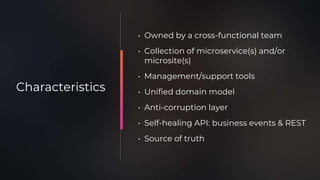 • Owned by a cross-functional team
• Collection of microservice(s) and/or
microsite(s)
• Management/support tools
• Unified domain model
• Anti-corruption layer
• Self-healing API: business events & REST
• Source of truth
Characteristics
 