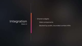 • Shared widgets
Web components
Backed by public, bounded context APIs
Integration
Web UI
 