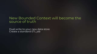 New Bounded Context will become the
source of truth
Dual write to your new data store
Create a standard ETL job
 