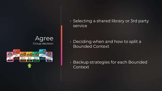 • Selecting a shared library or 3rd party
service
• Deciding when and how to split a
Bounded Context
• Backup strategies for each Bounded
Context
Agree
Group decision
 