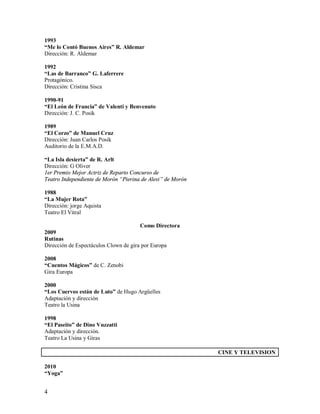 1993
“Me lo Contó Buenos Aires” R. Aldemar
Dirección: R. Aldemar

1992
“Las de Barranco” G. Laferrere
Protagónico.
Dirección: Cristina Sisca

1990-91
“El León de Francia” de Valenti y Benvenuto
Dirección: J. C. Posik

1989
“El Corzo” de Manuel Cruz
Dirección: Juan Carlos Posik
Auditorio de la E.M.A.D.

“La Isla desierta” de R. Arlt
Dirección: G Oliver
1er Premio Mejor Actriz de Reparto Concurso de
Teatro Independiente de Morón “Pierina de Alesi” de Morón

1988
“La Mujer Rota”
Dirección: jorge Aquista
Teatro El Vitral

                                       Como Directora
2009
Rutinas
Dirección de Espectáculos Clown de gira por Europa

2008
“Cuentos Mágicos” de C. Zenobi
Gira Europa

2000
“Los Cuervos están de Luto” de Hugo Argüelles
Adaptación y dirección
Teatro la Usina

1998
“El Paseito” de Dino Vuzzatti
Adaptación y dirección.
Teatro La Usina y Giras

                                                            CINE Y TELEVISION

2010
“Yoga”


4
 