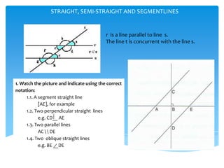 STRAIGHT, SEMI-STRAIGHT AND SEGMENTLINES


                                           r is a line parallel to line s.
                                           The line t is concurrent with the line s.




1. Watch the picture and indicate using the correct
notation:
     1.1. A segment straight line
            [AE], for example
     1.2. Two perpendicular straight lines
            e.g. CD__ AE
     1.3. Two parallel lines
            AC   DE
     1.4. Two oblique straight lines
            e.g. BE __DE
 