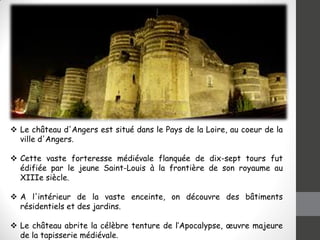  Le château d'Angers est situé dans le Pays de la Loire, au coeur de la
ville d'Angers.
 Cette vaste forteresse médiévale flanquée de dix-sept tours fut
édifiée par le jeune Saint-Louis à la frontière de son royaume au
XIIIe siècle.
 A l'intérieur de la vaste enceinte, on découvre des bâtiments
résidentiels et des jardins.
 Le château abrite la célèbre tenture de l’Apocalypse, œuvre majeure
de la tapisserie médiévale.
 