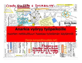 Anarkia vyöryy työpaikoille
nuorten nettikulttuuri haastaa työelämän käytännöt

             [Sonja.kangas@souplala.net]
 
