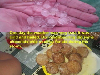 One day the weather was very bad. It was
cold and hailed. Our neighbouring did some
chocolate chip cookies for ate during the
storm.
 
