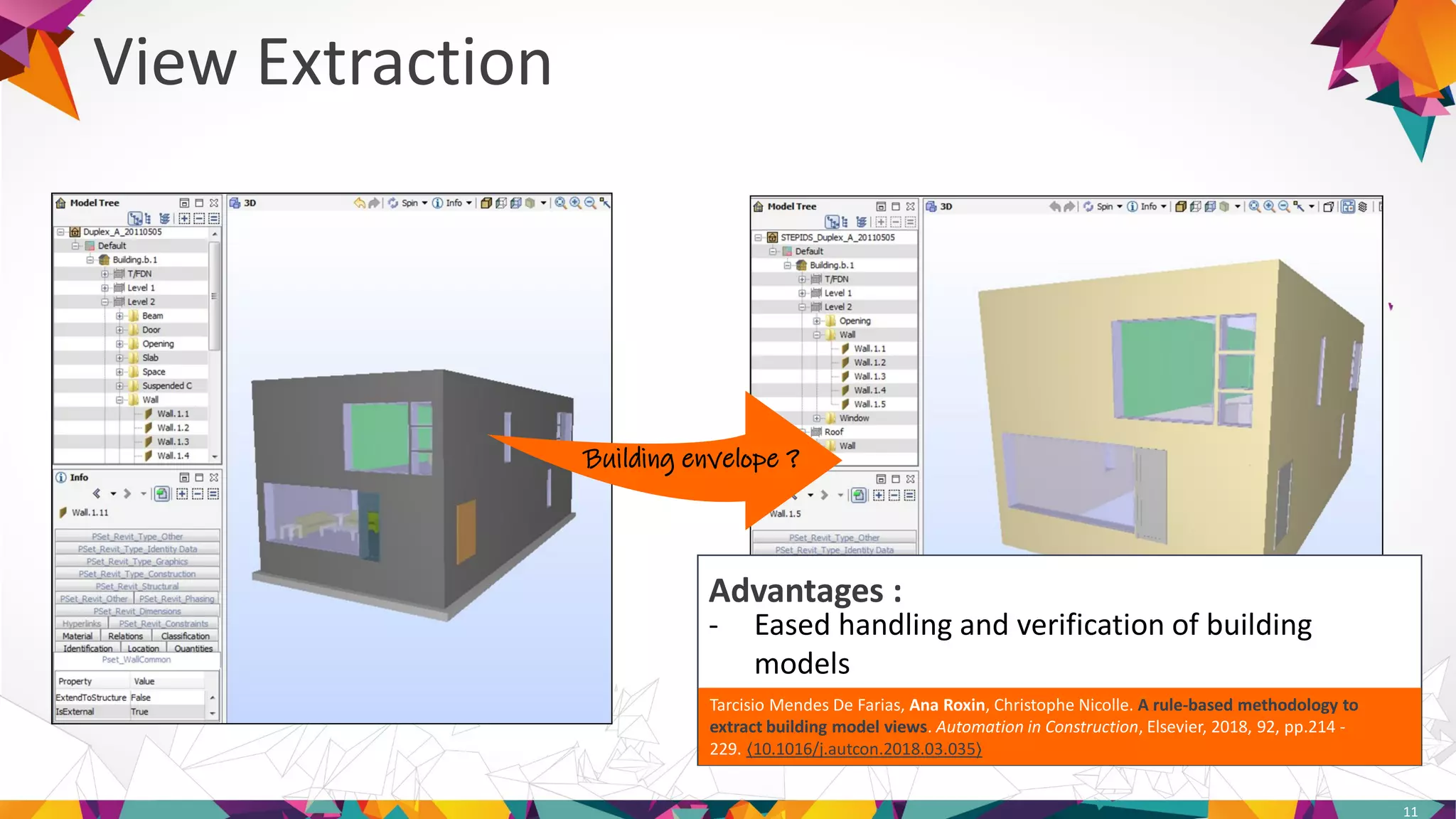 View Extraction
11
- Eased handling and verification of building
models
Advantages :
Building envelope ?
Tarcisio Mendes De Farias, Ana Roxin, Christophe Nicolle. A rule-based methodology to
extract building model views. Automation in Construction, Elsevier, 2018, 92, pp.214 -
229. ⟨10.1016/j.autcon.2018.03.035⟩
 