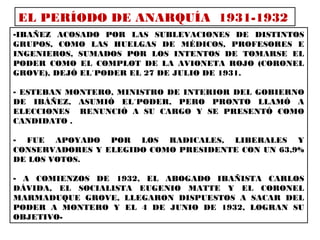 EL PERÍODO DE ANARQUÍA 1931-1932
-IBAÑEZ ACOSADO POR LAS SUBLEVACIONES DE DISTINTOS
GRUPOS, COMO LAS HUELGAS DE MÉDICOS, PROFESORES E
INGENIEROS, SUMADOS POR LOS INTENTOS DE TOMARSE EL
PODER COMO EL COMPLOT DE LA AVIONETA ROJO (CORONEL
GROVE), DEJÓ EL´PODER EL 27 DE JULIO DE 1931.
- ESTEBAN MONTERO, MINISTRO DE INTERIOR DEL GOBIERNO
DE IBÁÑEZ, ASUMIÓ EL´PODER, PERO PRONTO LLAMÓ A
ELECCIONES RENUNCIÓ A SU CARGO Y SE PRESENTÓ COMO
CANDIDATO .
- FUE APOYADO POR LOS RADICALES, LIBERALES Y
CONSERVADORES Y ELEGIDO COMO PRESIDENTE CON UN 63,9%
DE LOS VOTOS.
- A COMIENZOS DE 1932, EL ABOGADO IBAÑISTA CARLOS
DÁVIDA, EL SOCIALISTA EUGENIO MATTE Y EL CORONEL
MARMADUQUE GROVE, LLEGARON DISPUESTOS A SACAR DEL
PODER A MONTERO Y EL 4 DE JUNIO DE 1932, LOGRAN SU
OBJETIVO-
 