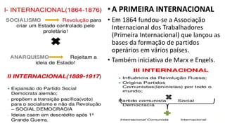 •A PRIMEIRA INTERNACIONAL
• Em 1864 fundou-se a Associação
Internacional dos Trabalhadores
(Primeira Internacional) que lançou as
bases da formação de partidos
operários em vários países.
• Também iniciativa de Marx e Engels.
 