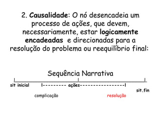 2. Causalidade: O nó desencadeia um
       processo de ações, que devem,
    necessariamente, estar logicamente
     encadeadas e direcionadas para a
resolução do problema ou reequilíbrio final:


               Sequência Narrativa
  l_______________________l________________________l
sit inicial    l--------- ações-----------------l
                                                   sit.fin
            complicação                  resolução
 