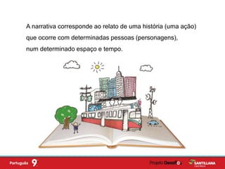 A narrativa corresponde ao relato de uma história (uma ação)
que ocorre com determinadas pessoas (personagens),
num determinado espaço e tempo.
 