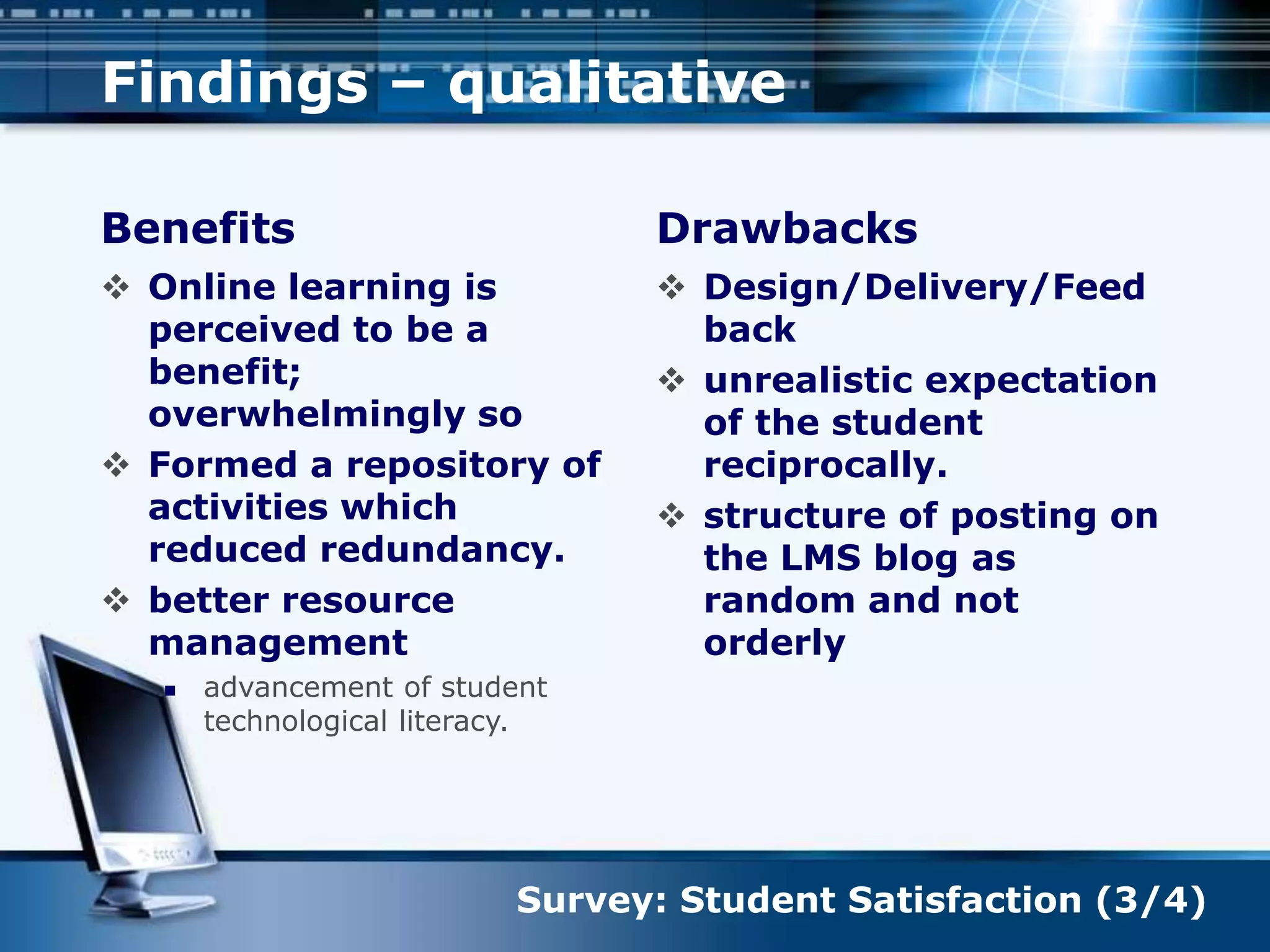 Findings – qualitative
Benefits
 Online learning is
perceived to be a
benefit;
overwhelmingly so
 Formed a repository of
activities which
reduced redundancy.
 better resource
management
 advancement of student
technological literacy.
Drawbacks
 Design/Delivery/Feed
back
 unrealistic expectation
of the student
reciprocally.
 structure of posting on
the LMS blog as
random and not
orderly
Survey: Student Satisfaction (3/4)
 