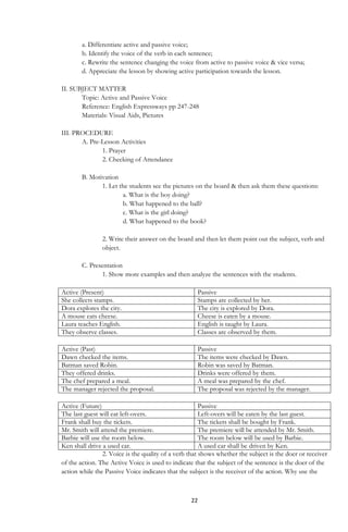 22
a. Differentiate active and passive voice;
b. Identify the voice of the verb in each sentence;
c. Rewrite the sentence changing the voice from active to passive voice & vice versa;
d. Appreciate the lesson by showing active participation towards the lesson.
II. SUBJECT MATTER
Topic: Active and Passive Voice
Reference: English Expressways pp 247-248
Materials: Visual Aids, Pictures
III. PROCEDURE
A. Pre-Lesson Activities
1. Prayer
2. Checking of Attendance
B. Motivation
1. Let the students see the pictures on the board & then ask them these questions:
a. What is the boy doing?
b. What happened to the ball?
c. What is the girl doing?
d. What happened to the book?
2. Write their answer on the board and then let them point out the subject, verb and
object.
C. Presentation
1. Show more examples and then analyze the sentences with the students.
Active (Present) Passive
She collects stamps. Stamps are collected by her.
Dora explores the city. The city is explored by Dora.
A mouse eats cheese. Cheese is eaten by a mouse.
Laura teaches English. English is taught by Laura.
They observe classes. Classes are observed by them.
Active (Past) Passive
Dawn checked the items. The items were checked by Dawn.
Batman saved Robin. Robin was saved by Batman.
They offered drinks. Drinks were offered by them.
The chef prepared a meal. A meal was prepared by the chef.
The manager rejected the proposal. The proposal was rejected by the manager.
Active (Future) Passive
The last guest will eat left-overs. Left-overs will be eaten by the last guest.
Frank shall buy the tickets. The tickets shall be bought by Frank.
Mr. Smith will attend the premiere. The premiere will be attended by Mr. Smith.
Barbie will use the room below. The room below will be used by Barbie.
Ken shall drive a used car. A used car shall be driven by Ken.
2. Voice is the quality of a verb that shows whether the subject is the doer or receiver
of the action. The Active Voice is used to indicate that the subject of the sentence is the doer of the
action while the Passive Voice indicates that the subject is the receiver of the action. Why use the
 