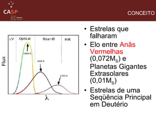 CONCEITO Estrelas que falharam Elo entre  Anãs Vermelhas  (0,072M S ) e Planetas Gigantes Extrasolares (0,01M S ) Estrelas de uma Seqüência Principal em Deutério 