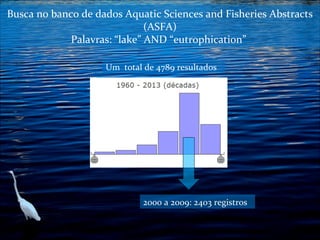 Busca no banco de dados Aquatic Sciences and Fisheries Abstracts
(ASFA)
Palavras: “lake” AND “eutrophication”
Um total de 4789 resultados

2000 a 2009: 2403 registros

 