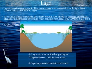 Farion, 2007
 Lagoas costeiras sem conexão direta com o mar, com características de água doce
(TOMAZELLI; VILLWOCK, 1991)
 São massas d’água estagnada, de origem natural, não antrópica, maiores que 0,1 km2,

situadas em depressões do terreno e sem conexão com o mar (RICCOMINI et al., 2001)

 SUGUIO, 1998:

 Lagos são mais profundos que lagoas
Lagos não tem conexão com o mar
Lagunas possuem conexão com o mar

 