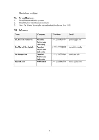 7
2 For indicate very Good.
XI. Personal Features:
1. The ability to work under pressure.
2. The ability to work in team environment.
3. I have Car driving license plus international driving license from UAE.
XII. References:
Name Company Telephone Email
Dr. Ghandi Manasrah Palestine
Polytechnic
University
(+972) 599823787 ghandi@ppu.edu
Dr. Murad Abu Subaih Palestine
Polytechnic
University
(+972) 597982002 murads@ppu.edu
Dr. Osama Ata Palestine
Polytechnic
University
(+972) 598236366 oata@ppu.edu
Saeed Kaloti PROTECH (+971) 555582680 Saeed7@me.com
 