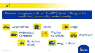 Real-time management and control via IOT (Internet of Things) of the
road infrastructure and its new technologies.
Weigh in Motion
Road Platform Tunnel
Smart Gate
Hydrological
Conditions
Bridge
Weather
Conditions
Hazardous
Goods
IoT
1710th July 2017
 