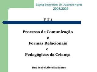 F T 1 Processo de Comunicação e Formas Relacionais e  Pedagógicas da Criança Dra. Isabel Almeida Santos Escola Secundária Dr. Azevedo Neves 2008/2009 
