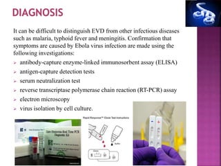 It can be difficult to distinguish EVD from other infectious diseases
such as malaria, typhoid fever and meningitis. Confirmation that
symptoms are caused by Ebola virus infection are made using the
following investigations:
 antibody-capture enzyme-linked immunosorbent assay (ELISA)
 antigen-capture detection tests
 serum neutralization test
 reverse transcriptase polymerase chain reaction (RT-PCR) assay
 electron microscopy
 virus isolation by cell culture.
 
