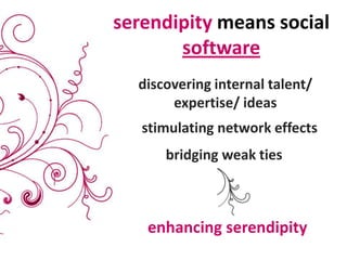serendipity means socialsoftwarediscovering internal talent/ expertise/ ideasstimulating network effectsbridging weak tiesenhancing serendipity