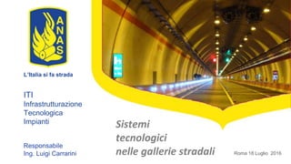Roma 18 Luglio 2016
L’Italia si fa strada
ITI
Infrastrutturazione
Tecnologica
Impianti
Responsabile
Ing. Luigi Carrarini
Sistemi
tecnologici
nelle gallerie stradali
 